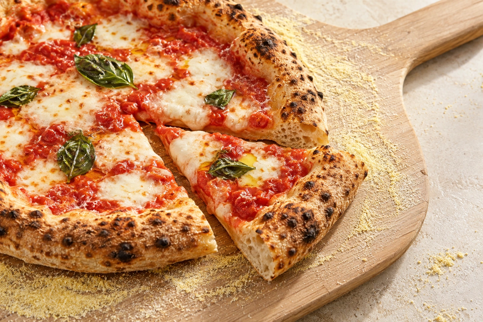 Pizza artesanal sobre una pala de madera espolvoreada con sémola